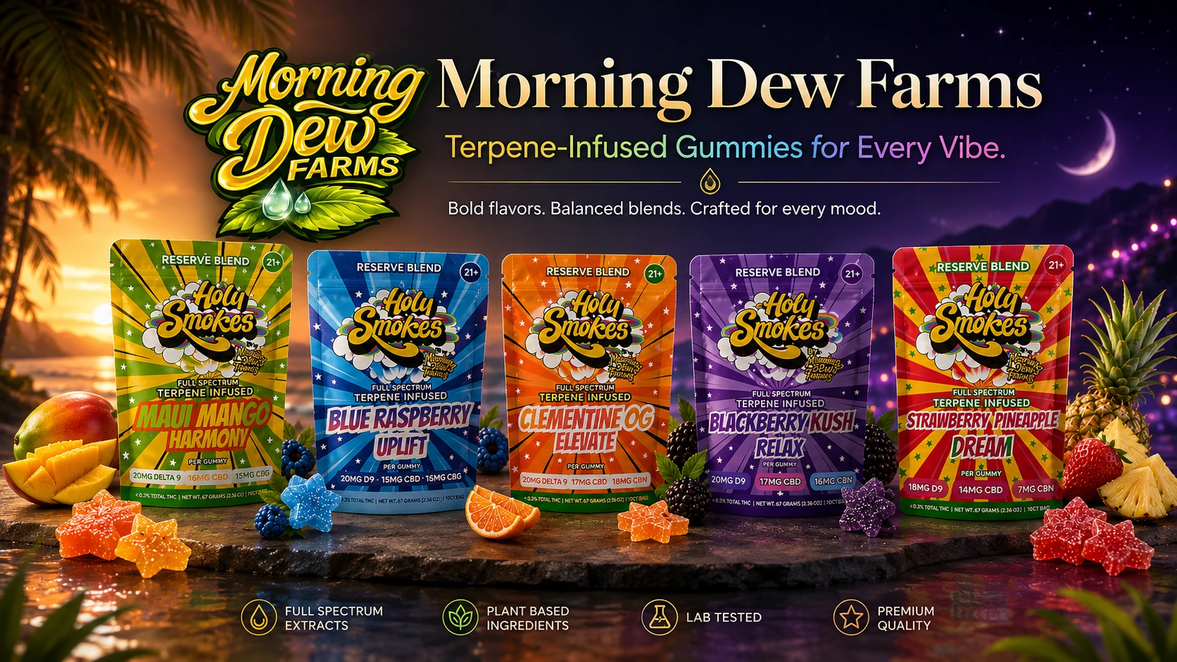 Morning Dew Farms Reserve Blend — the five Holy Smokes gummy pouches on a beach at sunset, with mango, pineapple, berries and star-shaped gummies around them