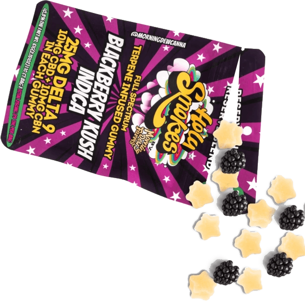 A finished pouch of Reserve Blend gummies, star gummies spilling out