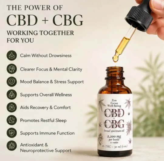 A hand holding the glass dropper above the CBD and CBG bottle, a bead of golden oil hanging from the tip.