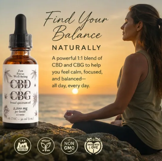 A woman sitting cross-legged on a rock at sunrise, with the CBD and CBG bottle set into the left of the frame.