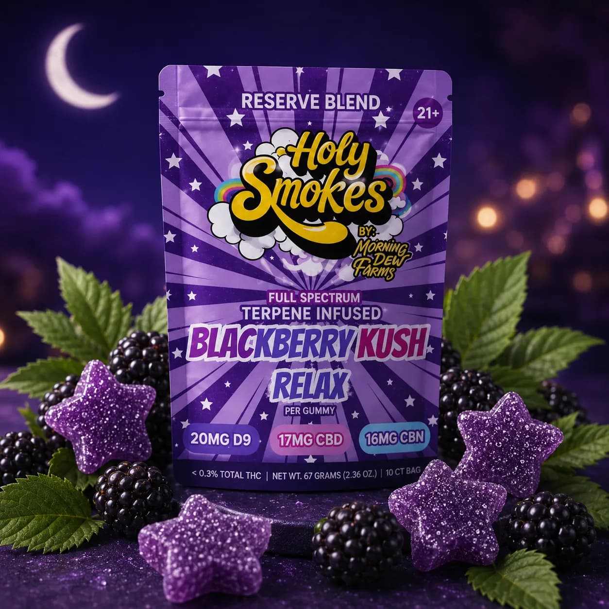 Star-shaped Blackberry Kush Relax gummies beside their pouch