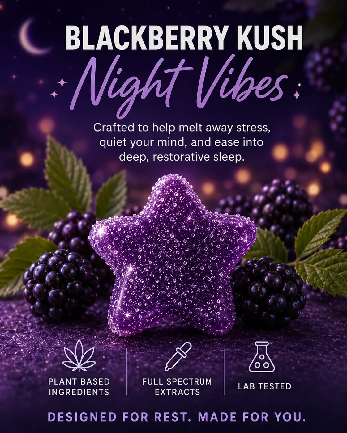A tall close-up of one sugared purple star gummy sitting between whole blackberries and leaves, with the flavor name set in large type above it.