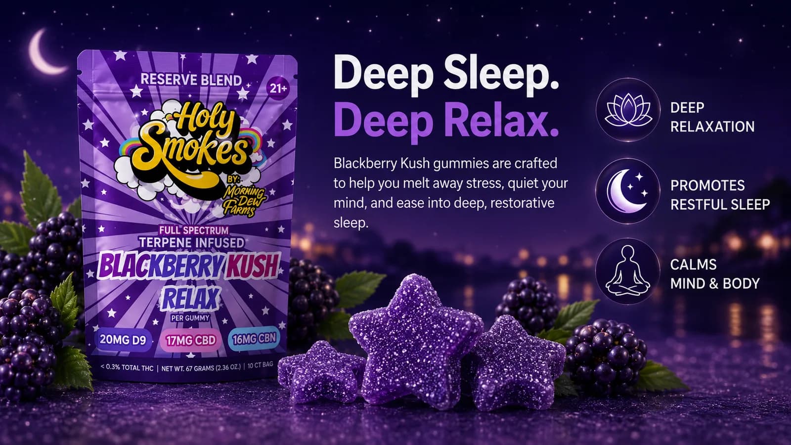 A wide shot of the purple pouch beside three sugared purple star gummies, with blackberries, a crescent moon and blurred orange lights behind them.