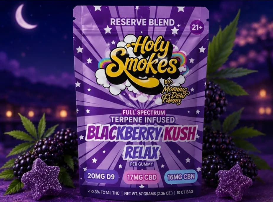 The front of the Blackberry Kush Relax pouch, showing the Holy Smokes logo and the 20mg D9, 17mg CBD and 16mg CBN panel, with blackberries and star gummies at its base.