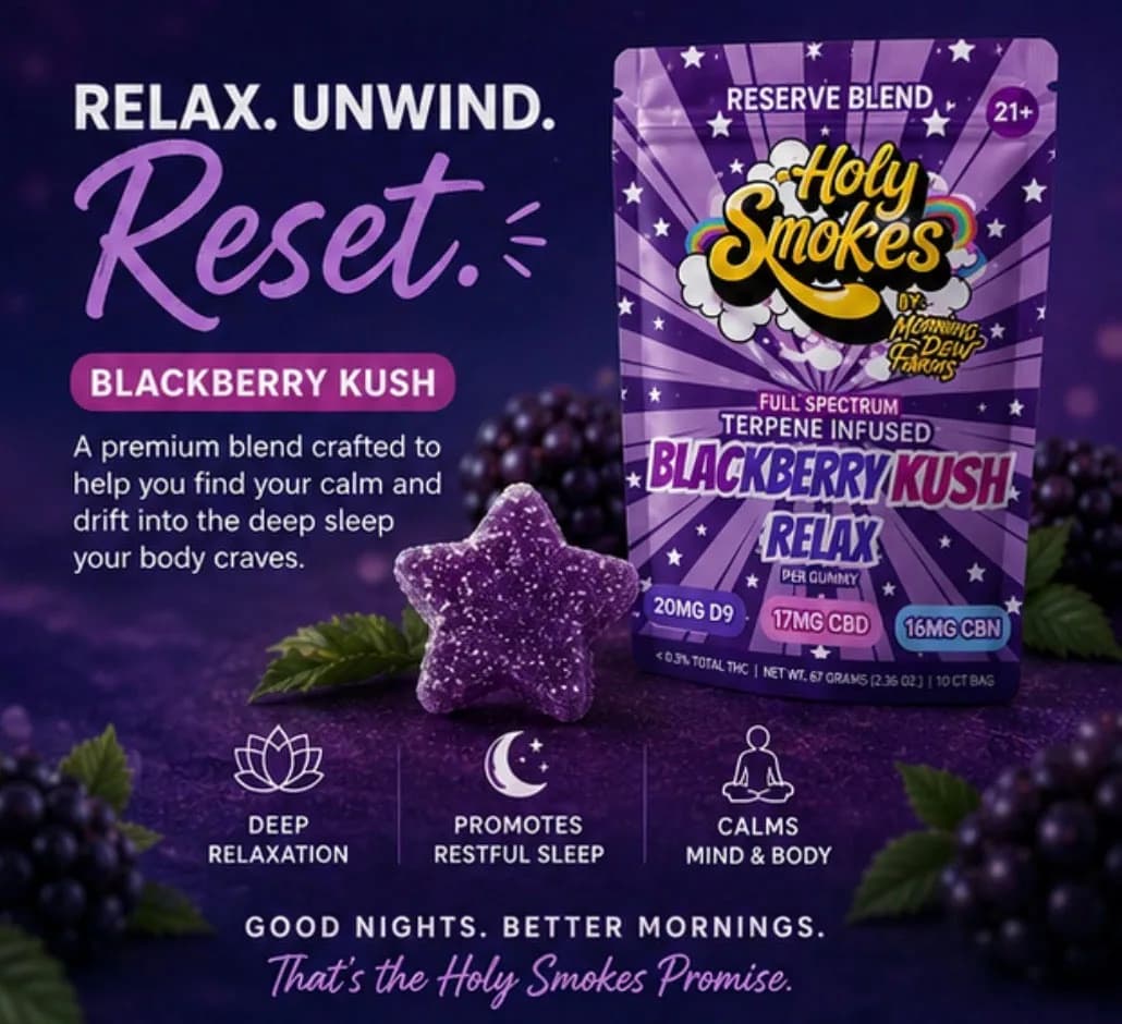 The Blackberry Kush pouch on the right of a purple layout, with one large star gummy and blackberries to the left and three line icons underneath.