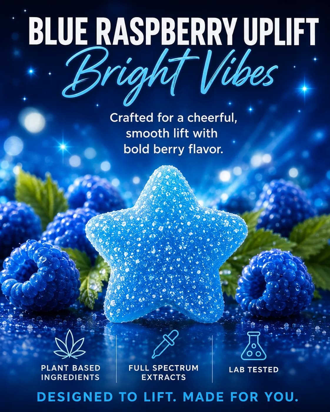 A tall close-up of one sugared blue star gummy between blue raspberries and leaves, lit against a sparkling dark blue background.