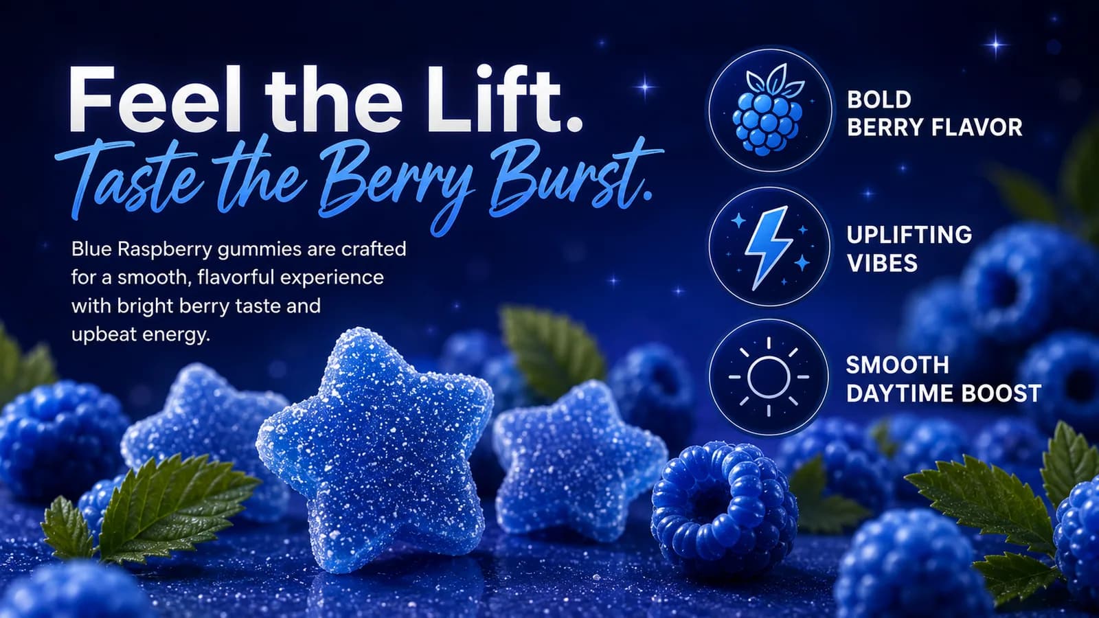 A wide shot of three blue star gummies and blue raspberries on a deep blue surface, with three line icons and captions at the right.