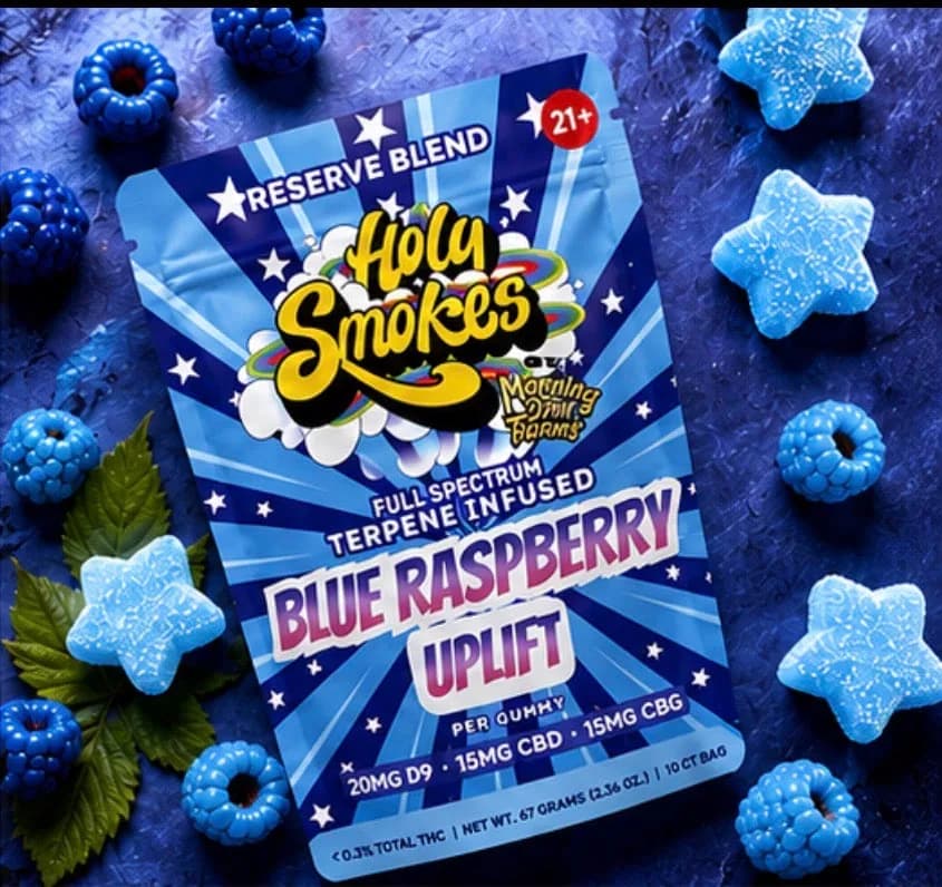 An overhead flat-lay of the Blue Raspberry pouch on dark blue slate, with blue star gummies, blue raspberries and a mint sprig arranged around it.