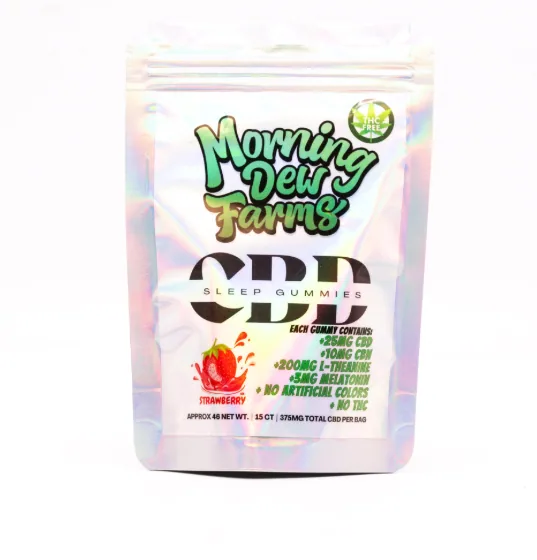 The CBD Sleep Gummies pouch, holographic silver with a strawberry printed on the front, standing on a white background with the per-gummy contents listed beside it.