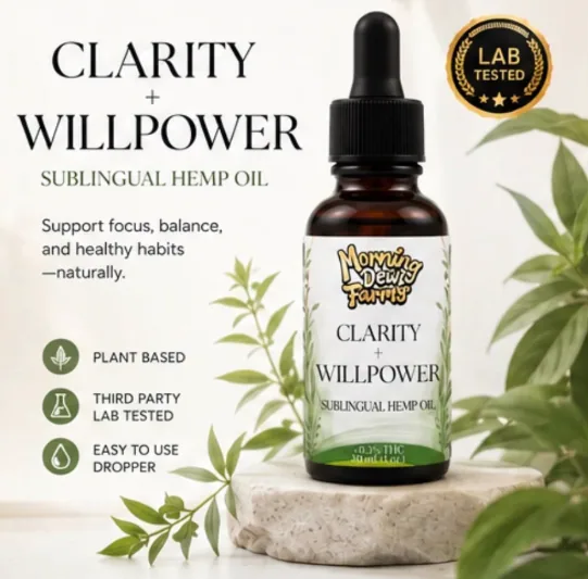 The Clarity bottle standing on a pale stone surrounded by fresh green leaves, with a lab-tested seal in the corner.