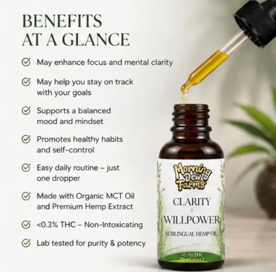 The bottle on a soft green background with a full glass dropper above it and a checklist to the left.