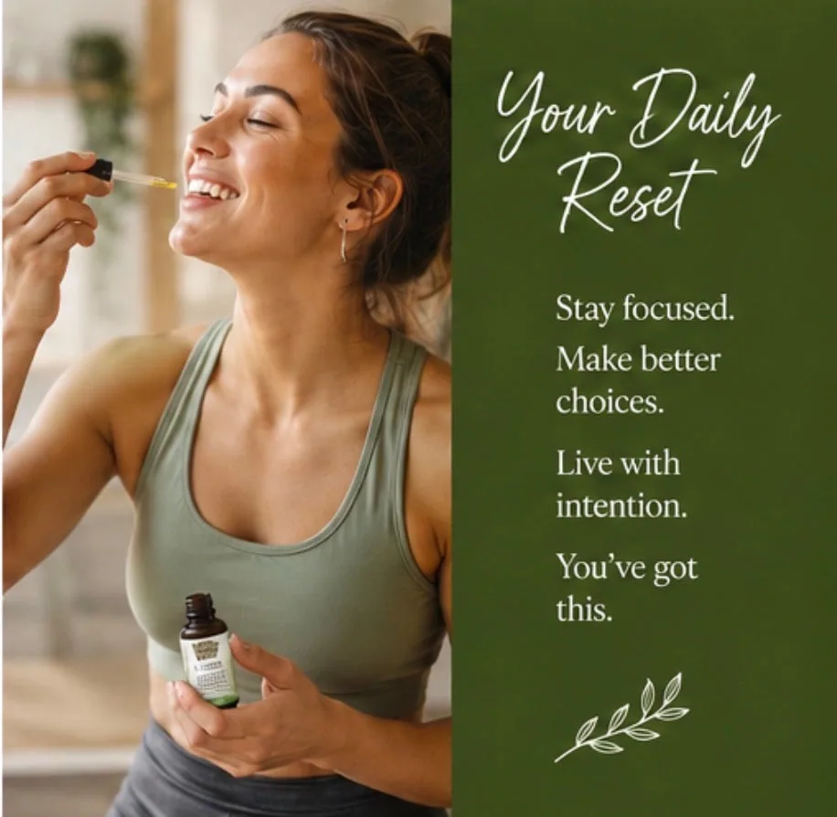 A woman in a kitchen holding the bottle and taking a dropper of oil, next to a panel of dark green text.