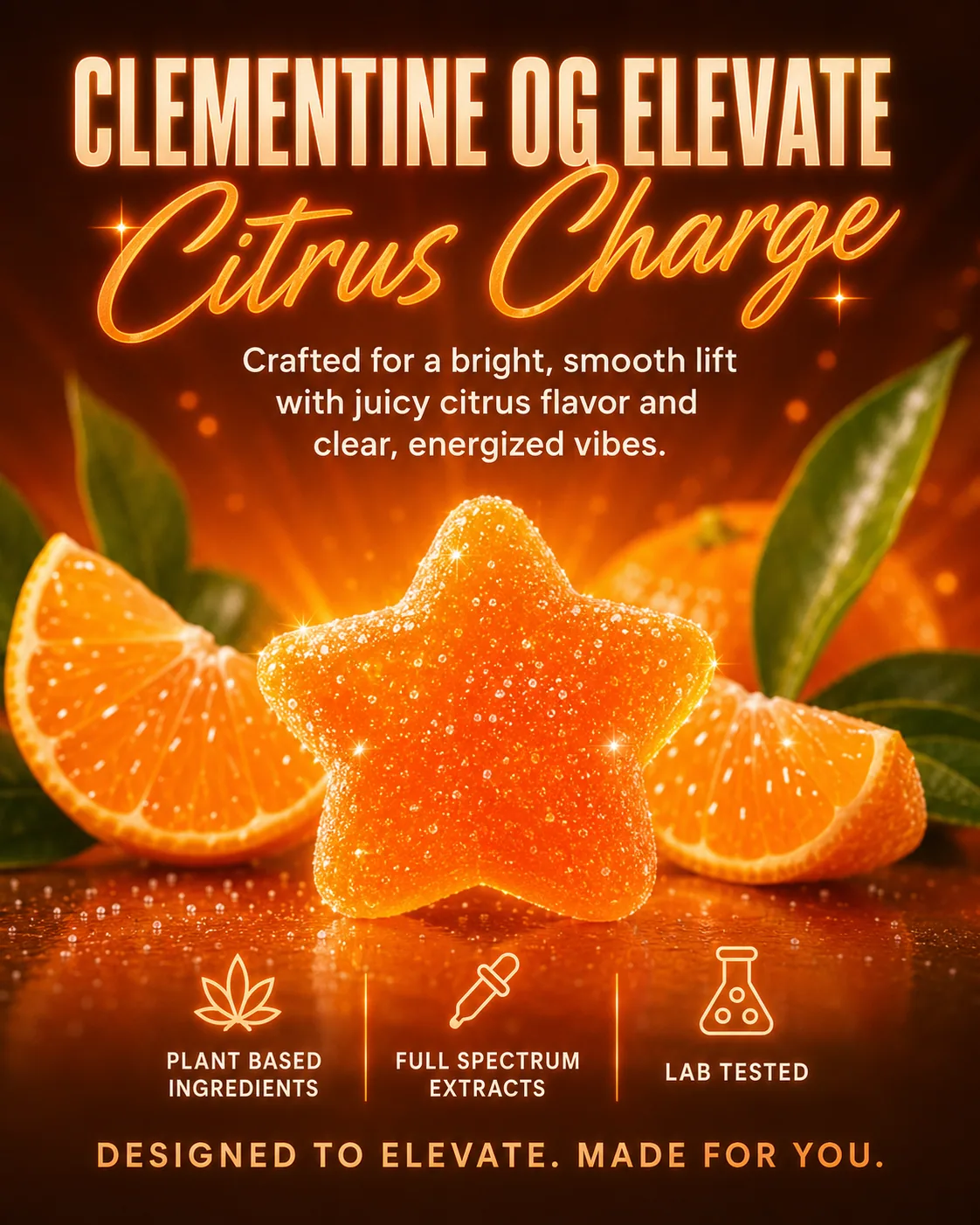 A tall close-up of one sugared orange star gummy standing between clementine wedges and glossy green leaves, lit against a glowing orange background.