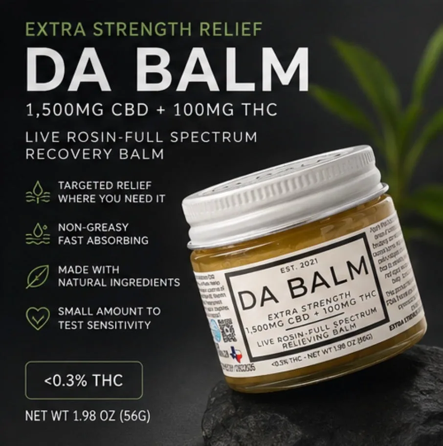 A large version of the dark product graphic. The glass jar of olive-gold balm with its brushed silver lid stands on black stone against a near-black background, a green frond blurred behind it, with the product name, the 1,500mg CBD and 100mg THC figures, the under 0.3% THC note and the 1.98 oz (56g) net weight set in white type at left.