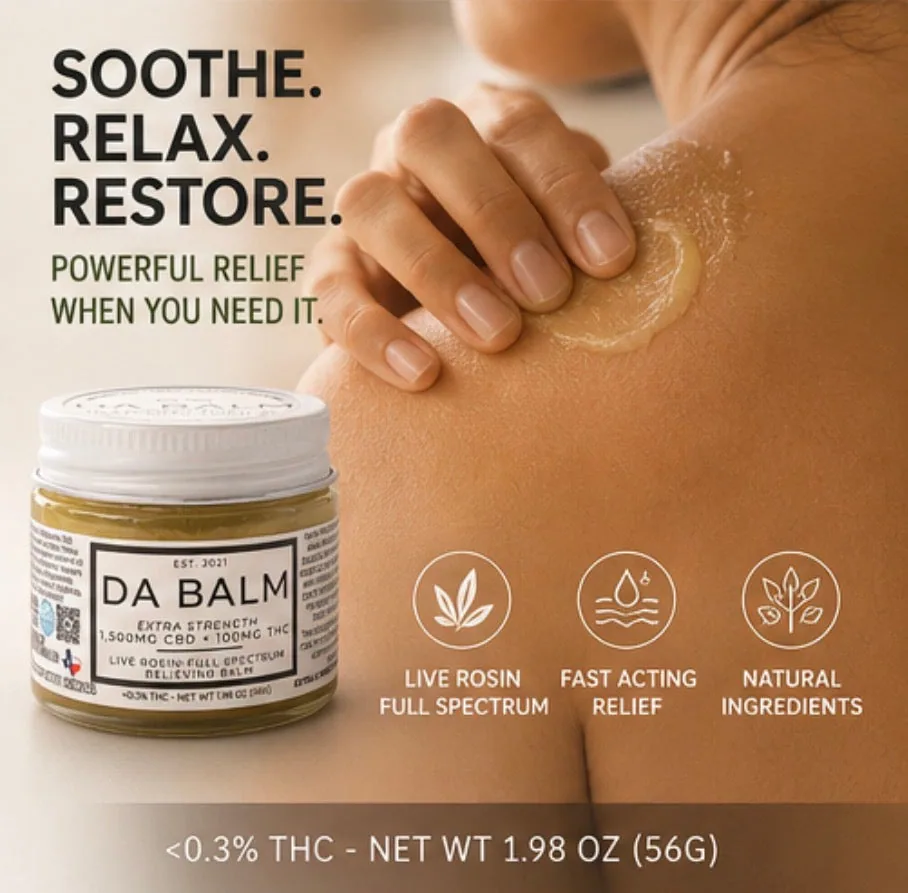 A large application shot. Fingers work a glossy swirl of golden balm across a bare shoulder, warm daylight on the skin, with the open jar standing at the lower left and three circular icons captioned beneath it. A strip along the bottom notes under 0.3% THC and a net weight of 1.98 oz (56g).