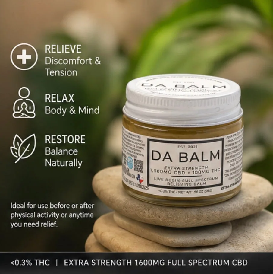 The sealed jar photographed on a stack of three smooth cream-colored stones, the wraparound label and QR code visible on the glass, with a big out-of-focus green leaf behind it. A dark bar across the bottom notes under 0.3% THC and 1,600mg of total hemp cannabinoids.