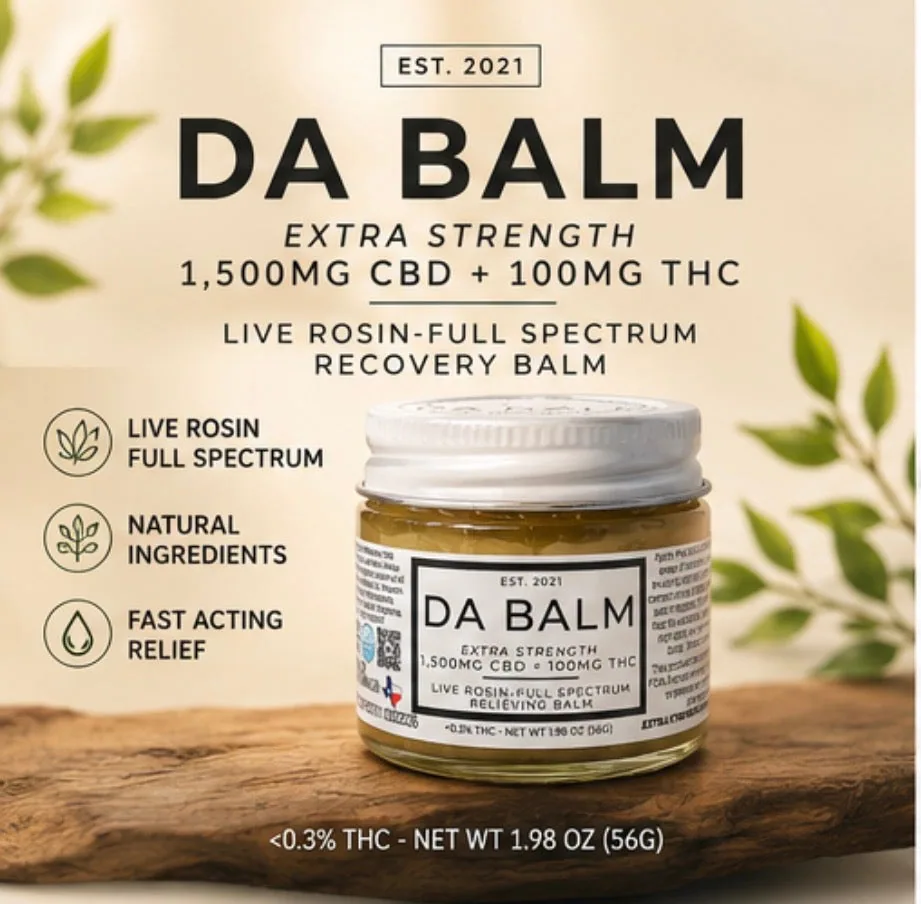 The jar standing on a slab of weathered driftwood against a soft cream background with blurred green leaves on either side. The product name, the 1,500mg CBD and 100mg THC strength and the 1.98 oz (56g) net weight are printed above and below the jar.