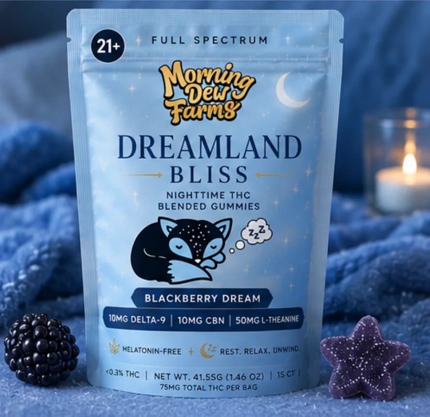 The Dreamland Bliss pouch lying on a soft blue blanket with blackberries and a star-shaped gummy beside a lit candle.