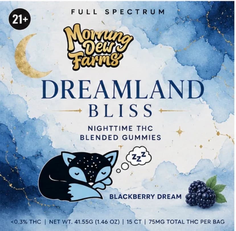 Watercolor Dreamland Bliss art with the sleeping fox, moon and blackberries on a cream sky.