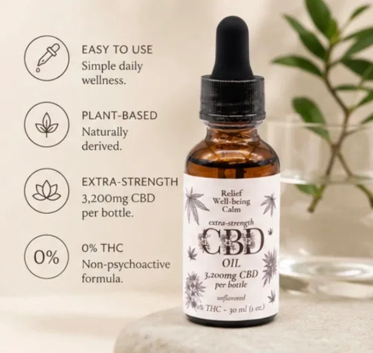 The bottle photographed beside four line-drawn icons describing its format, its strength and its 0% THC.