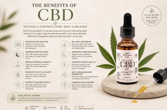 A product graphic with the bottle and a hemp leaf resting on a stone next to a block of small print about CBD.