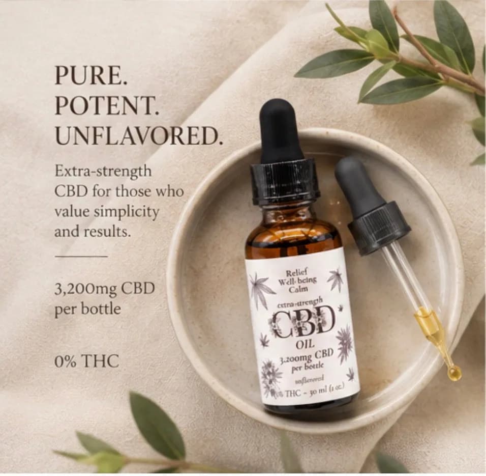 A dropper bottle of Extra Strength CBD oil on a plain ground