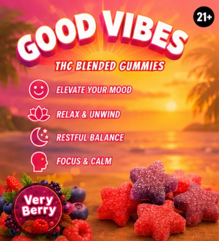 A sunset-pink and orange panel with the Good Vibes name across the top, a Very Berry badge in the corner and a heap of sugar-dusted star gummies in the lower right.