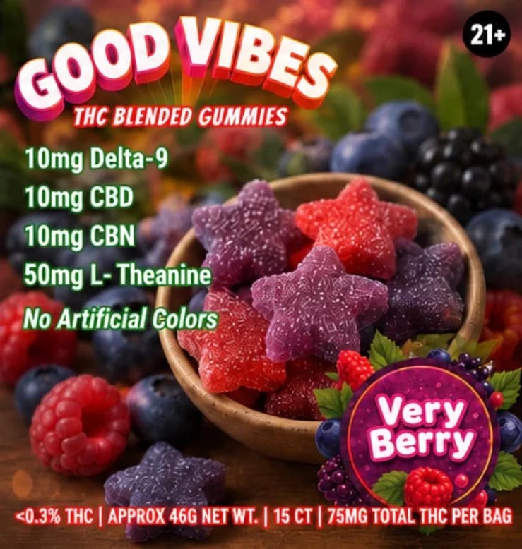 A close-up of the label panel listing what each gummy contains, printed over a wooden bowl of sugared star gummies surrounded by fresh berries.