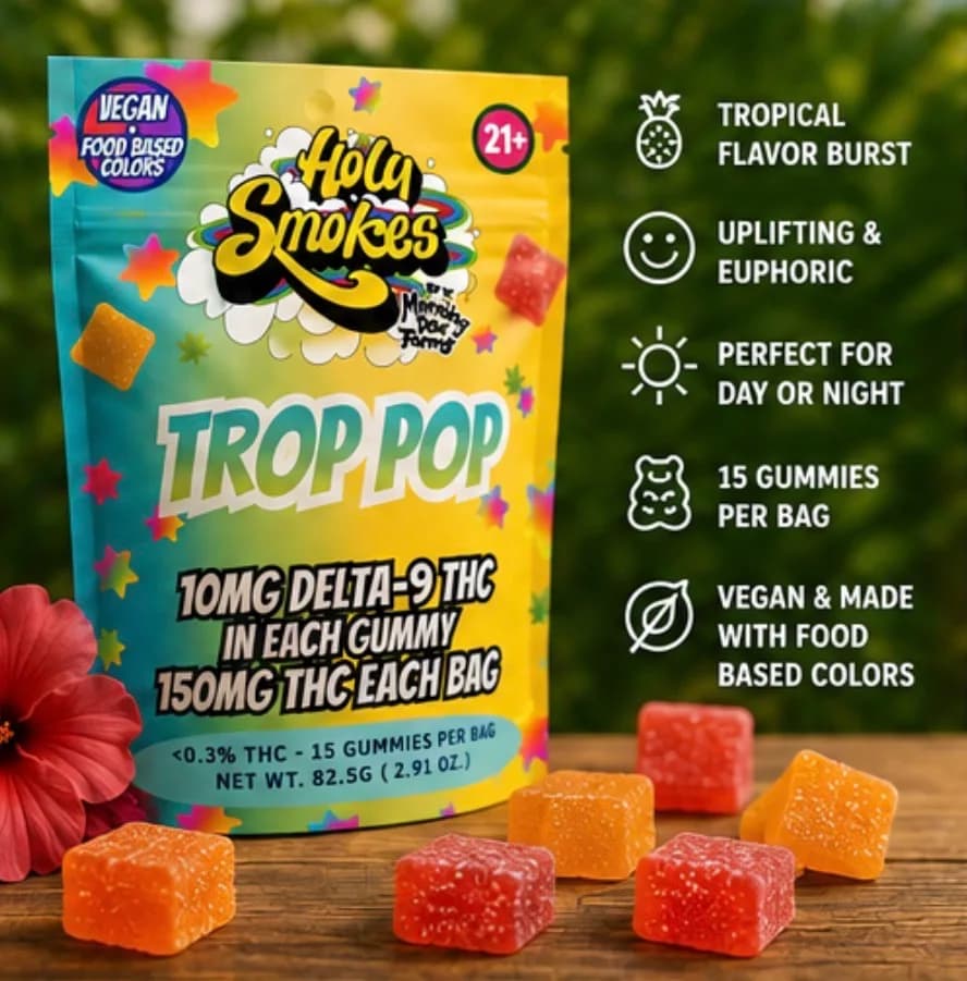 Trop Pop benefits panel: tropical flavor burst, uplifting and euphoric, perfect for day or night, 15 gummies per bag, vegan and made with food-based colors.