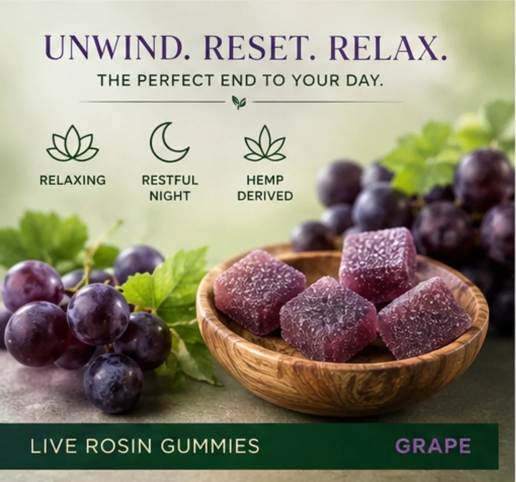 Unwind, reset, relax panel: a wooden bowl of sugared grape gummies among fresh grapes, with icons for relaxing, restful night and hemp derived.