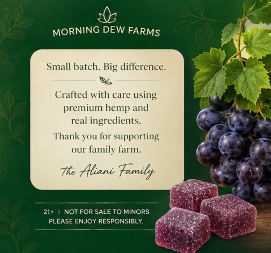 A green card that reads small batch, big difference, thanking customers for supporting the family farm, signed The Aliani Family.
