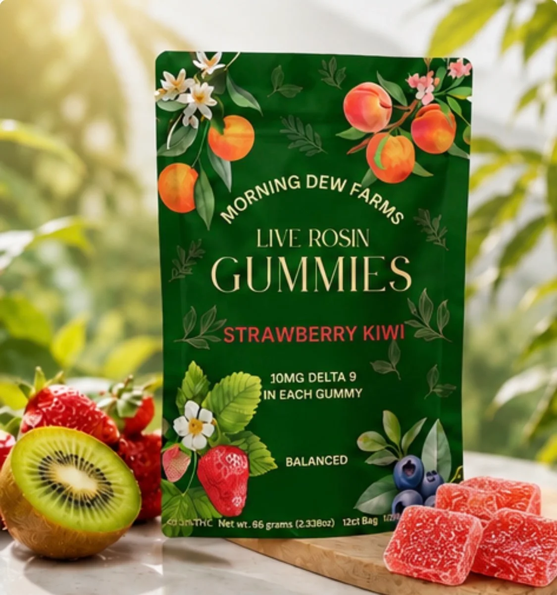 The green Live Rosin Gummies Strawberry Kiwi pouch among strawberries, kiwi halves and pink sugared gummies.