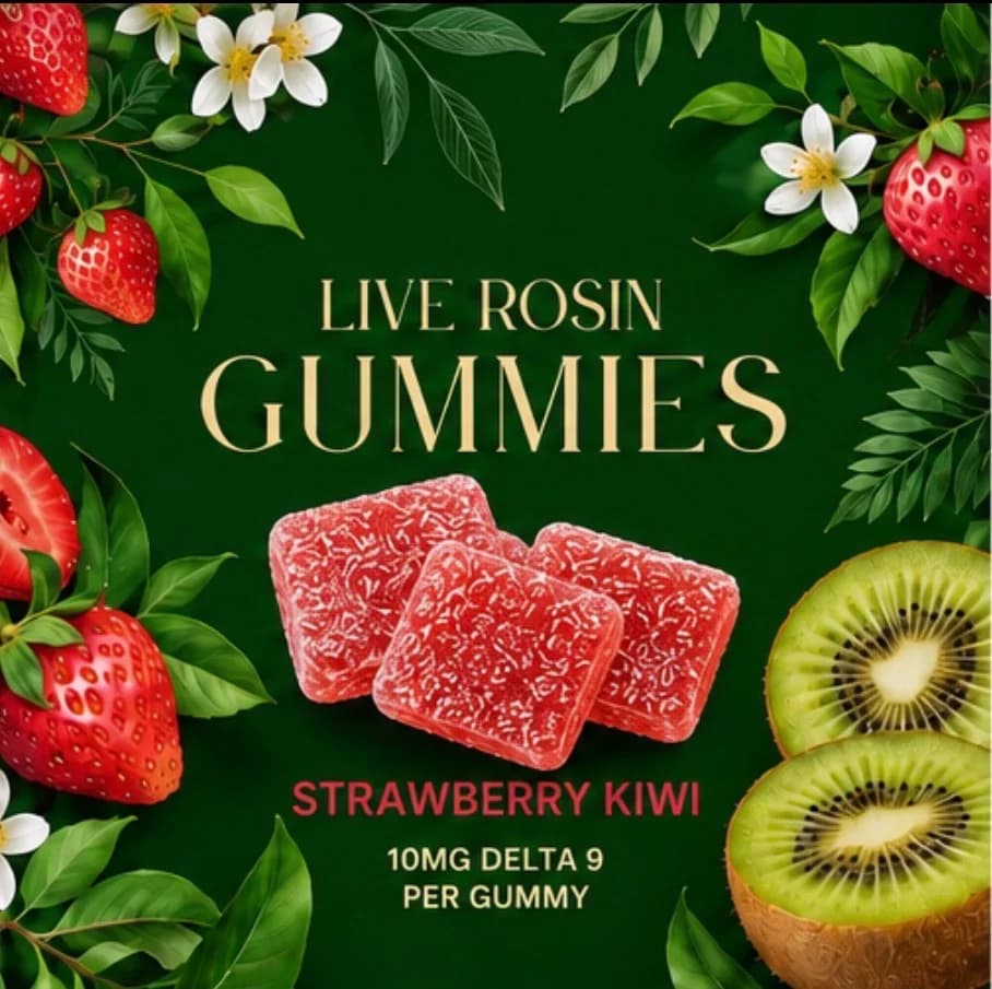 Live Rosin Gummies Strawberry Kiwi art panel with pink sugared gummies, strawberries, kiwi and white blossoms.