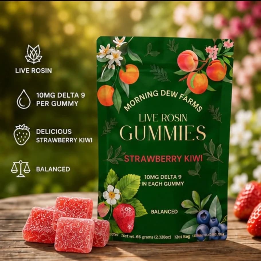 Feature panel listing live rosin, 10mg delta-9 per gummy, delicious strawberry kiwi and balanced, beside pink gummies.