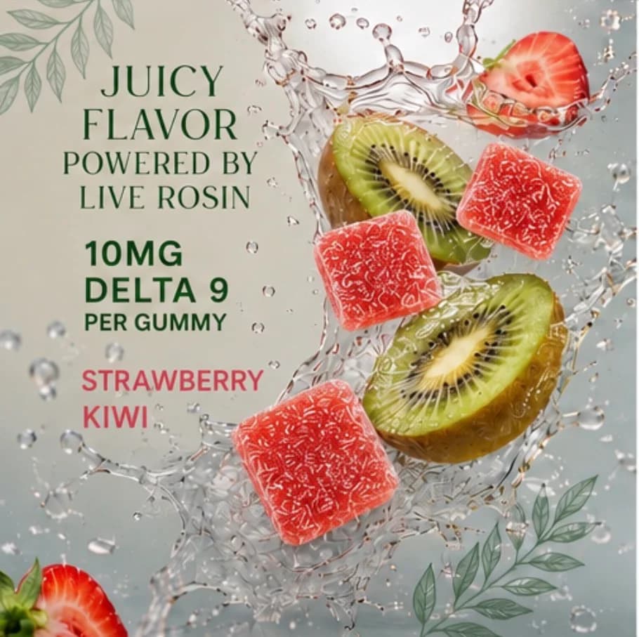 Juicy flavor powered by live rosin: strawberries and kiwi splashing through water with pink gummies.