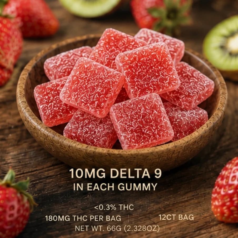 A wooden bowl of pink sugared gummies with 10mg delta-9 in each gummy printed beside it.