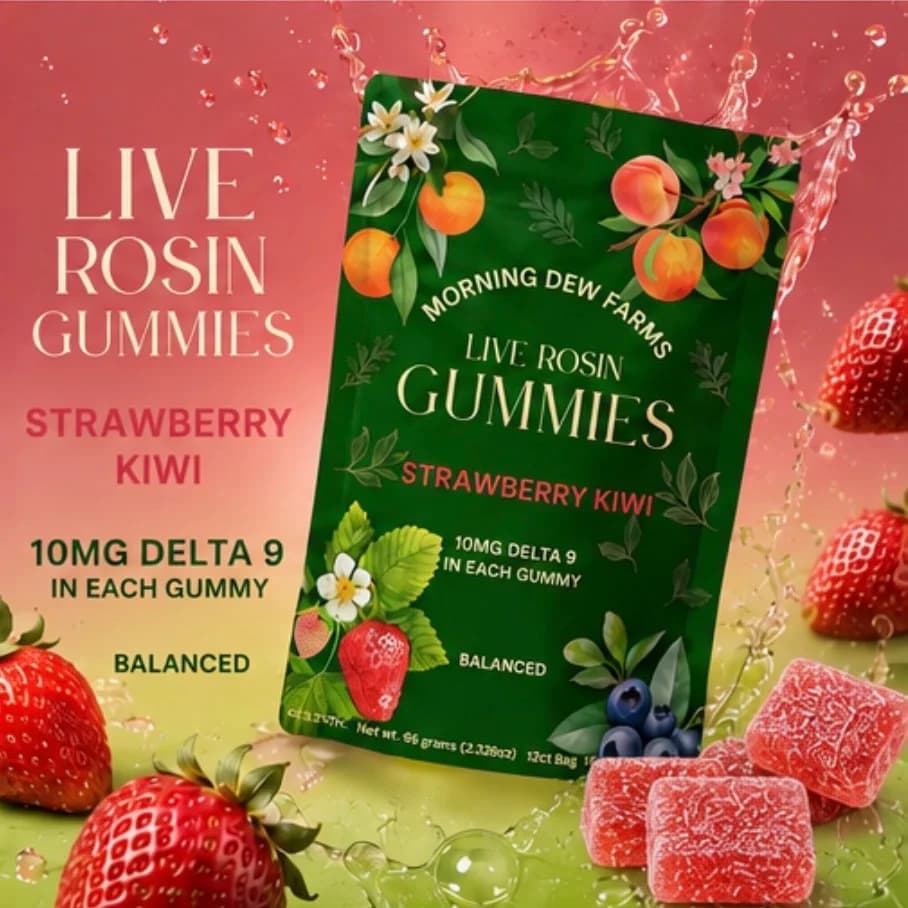Pink-toned Live Rosin Strawberry Kiwi promo with the pouch, gummies and fruit in a soft splash scene.