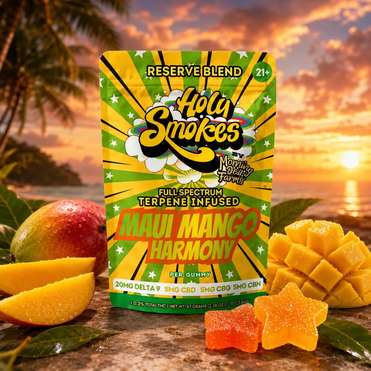 The green and yellow Maui Mango Harmony pouch on a beach rock at sunset, with a whole mango, cut mango and two orange star gummies beside it.
