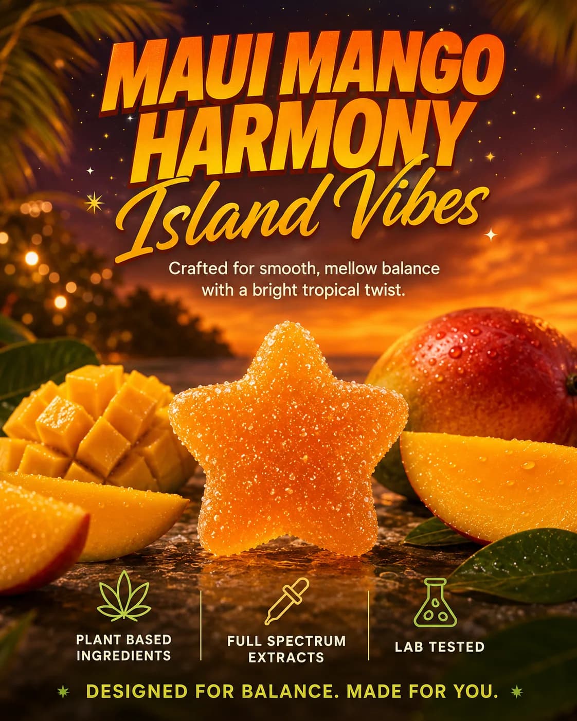 A tall close-up of one sugared orange star gummy in front of a scored mango half and a whole mango, lit by a tropical sunset.