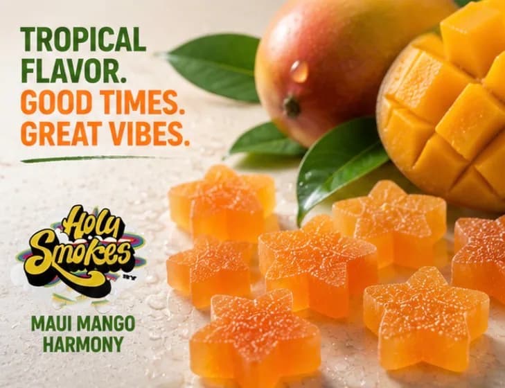 A pale layout with a scattering of orange star gummies in the foreground, whole and cubed mango behind them and the Holy Smokes logo at the left.