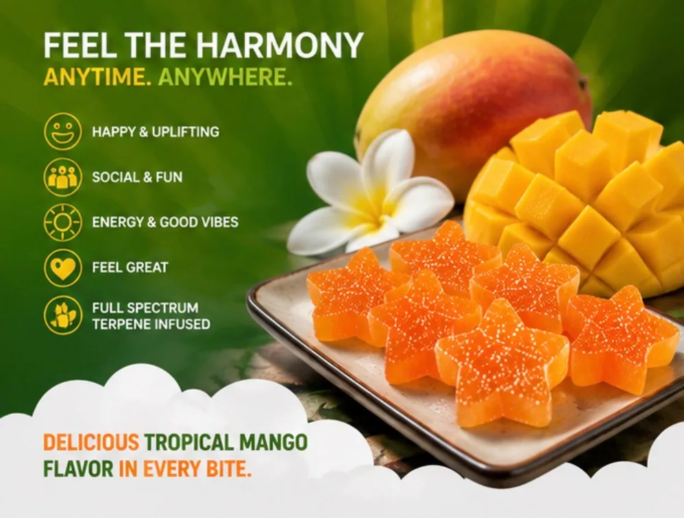 A square plate of orange star gummies against a green background, with a mango, a scored mango half and a white plumeria flower behind it.