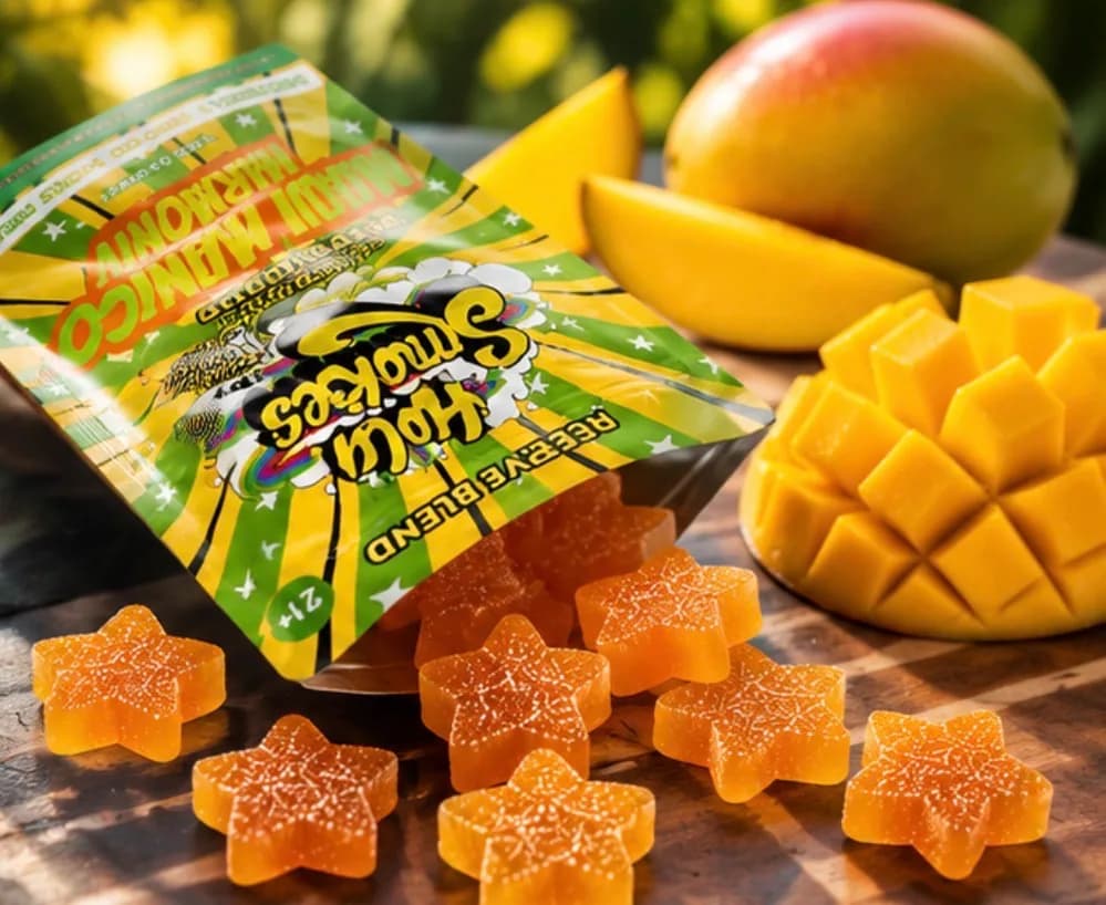 An open Maui Mango pouch tipped over on a wooden table, orange star gummies spilling out, with mango cubes and slices behind it in the sun.