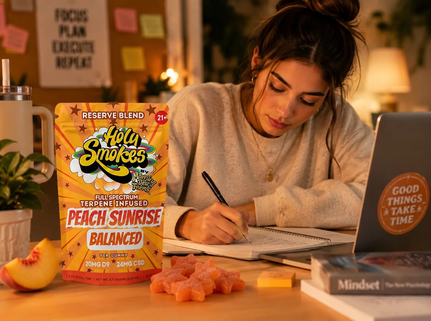 The Peach Sunrise pouch on a desk beside a notebook, a laptop and a tumbler, with a woman writing in the background and star gummies and a peach slice on the desktop.