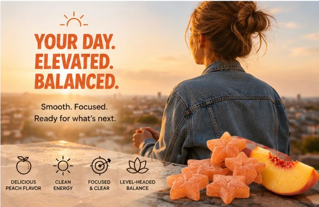 A wide shot of a woman in a denim jacket looking out over a city at sunrise, with peach star gummies and a slice of peach on the ledge beside her.