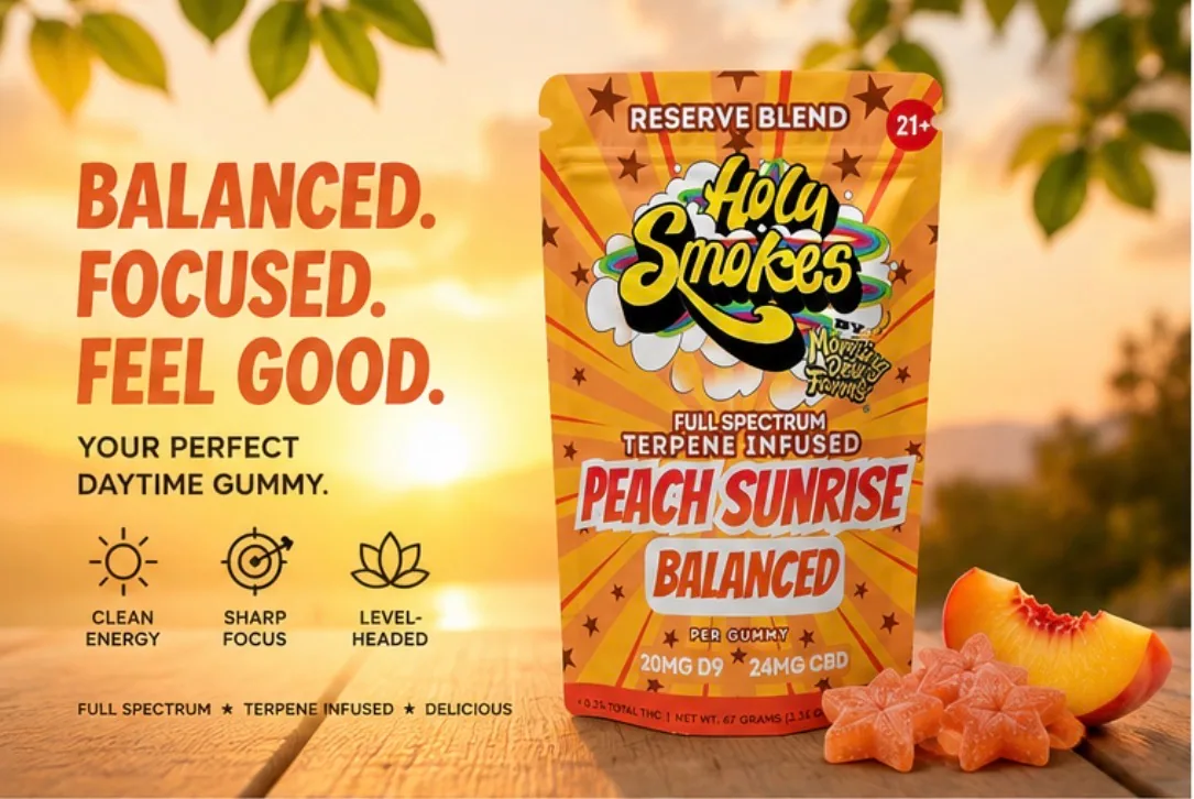 The Peach Sunrise pouch on a wooden rail at sunrise, peach slices and star gummies beside it and four line icons with captions at the left.