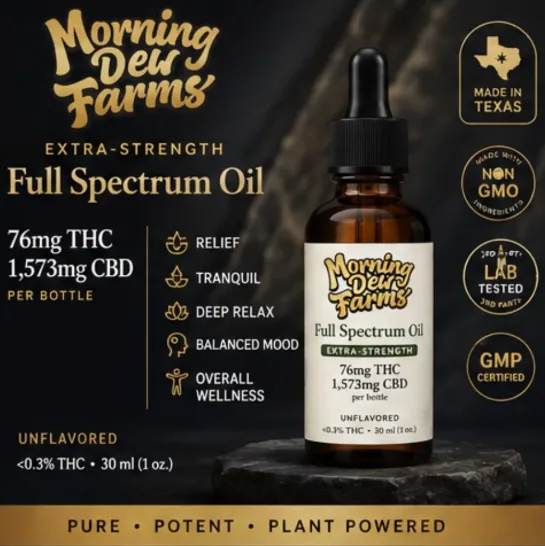 The Reserve Full Spectrum bottle lit against a dark background, with the Morning Dew Farms logo and gold seals around it.
