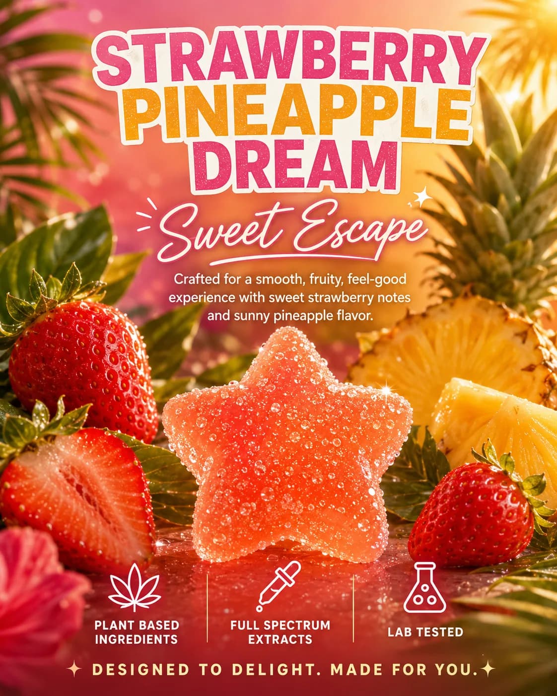 A tall close-up of one glossy red star gummy between halved strawberries and pineapple wedges, everything beaded with water.