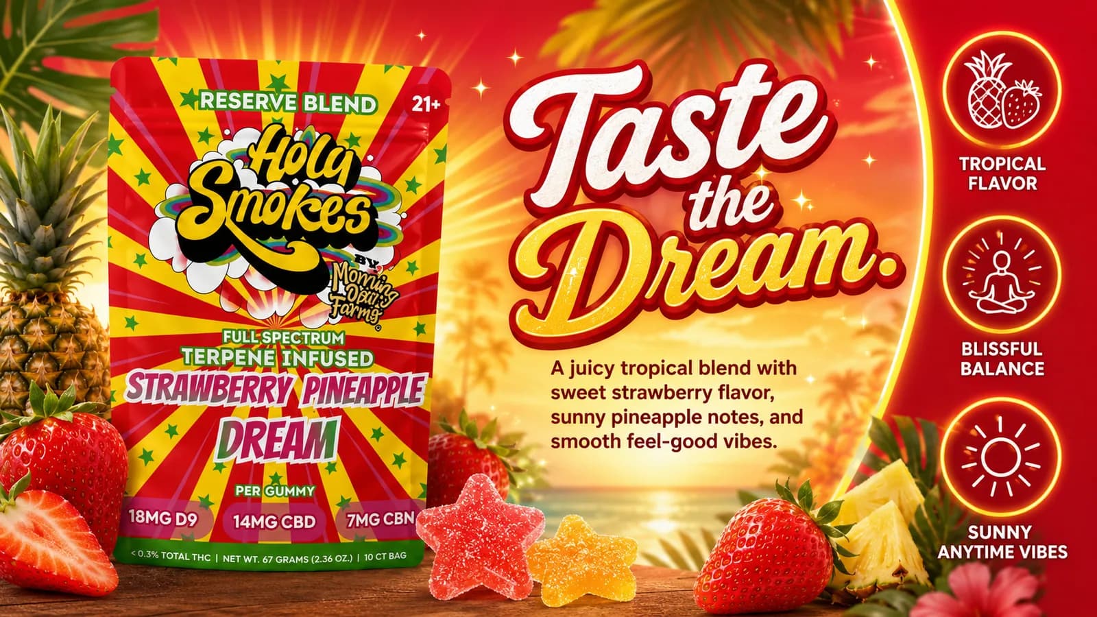 A wide layout with the Strawberry Pineapple pouch at the left, two star gummies at the center and strawberries and pineapple filling both edges.