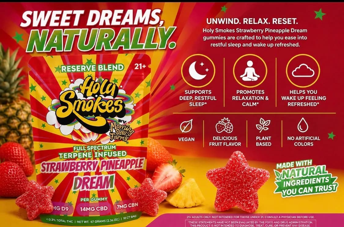 A wide packaging layout with the pouch at the left, red star gummies and fruit around it, icon captions across the middle and the 21+ and FDA disclaimer line in small type at the bottom.