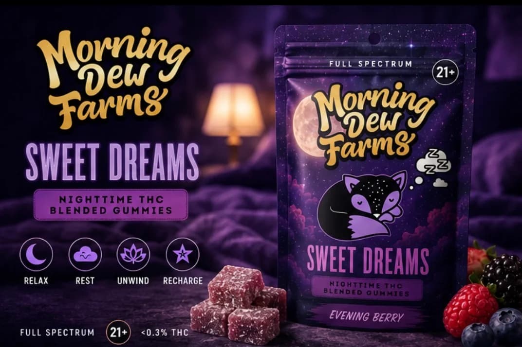 The Sweet Dreams pouch beside the Morning Dew Farms wordmark on a purple nighttime background with berries and a lit lamp.